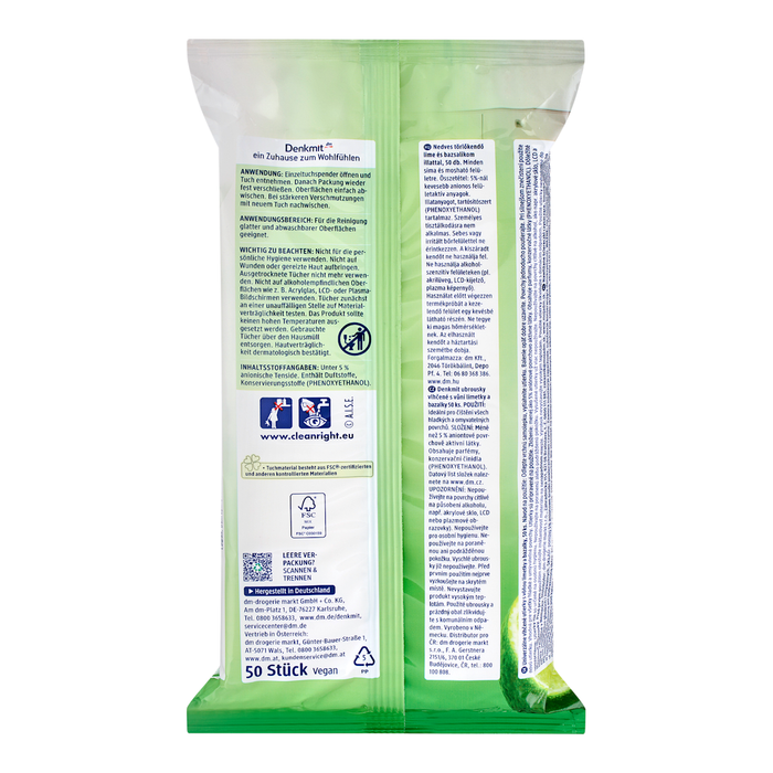 Denkmit Șervețele umede cu aromă de lămâie verde și busuioc, 50 buc - WALTI WALTI