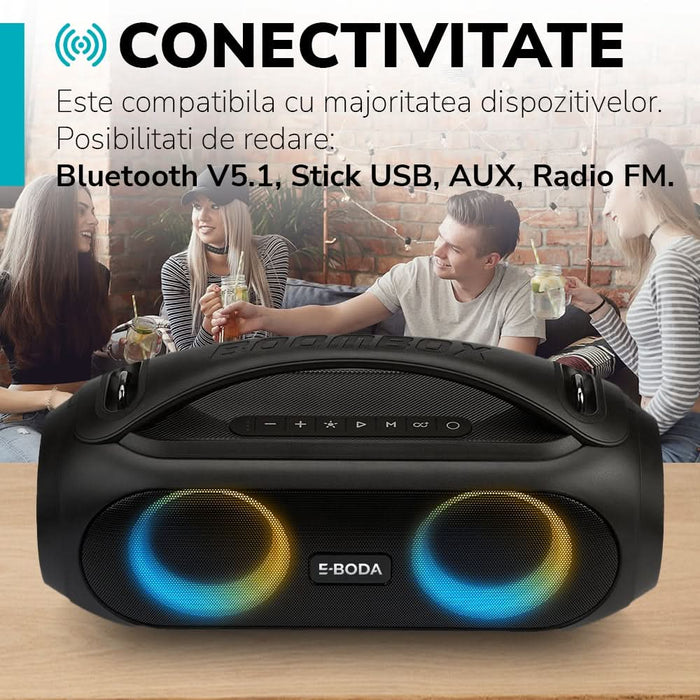 Boxa portabila E-BODA The Vibe 410, Bluetooth, USB, Radio FM, IPX5, negru - WALTI WALTI