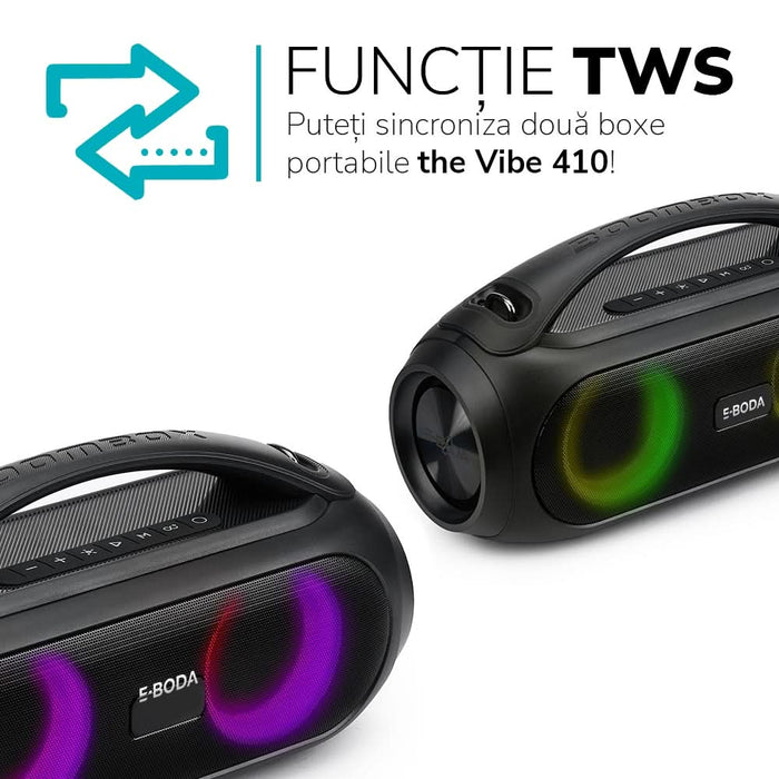 Boxa portabila E-BODA The Vibe 410, Bluetooth, USB, Radio FM, IPX5, negru - WALTI WALTI
