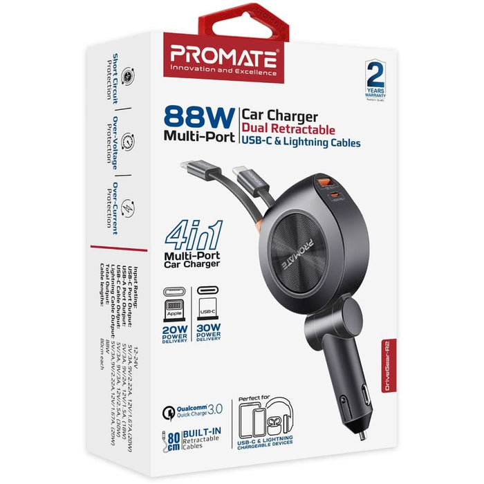 Incarcator auto PROMATE DriveGear-R2, 2x USB-C, 1x USB-A, Power delivery (PD) 30W + 20W, negru WALTI