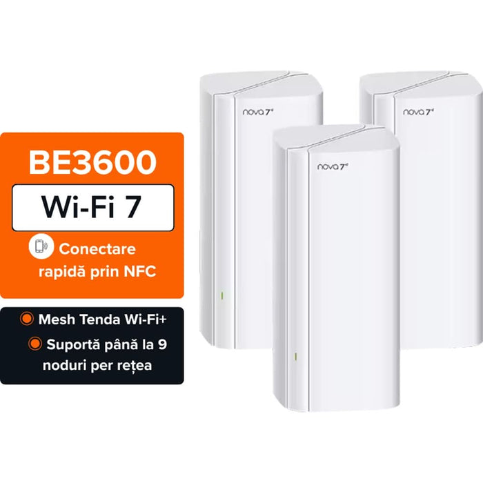 Sistem Mesh Wireless TENDA Nova EE3 Pro BE3600, Wi-Fi 7, Dual Band 688 + 2882 Mbps, 3 buc, alb WALTI