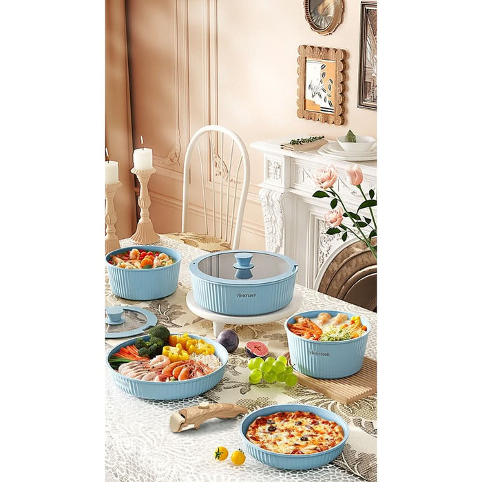 Set vase de gatit AMERCOOK Easy Clip Pro EP4409BE, 9 piese, aluminiu turnat, albastru WALTI