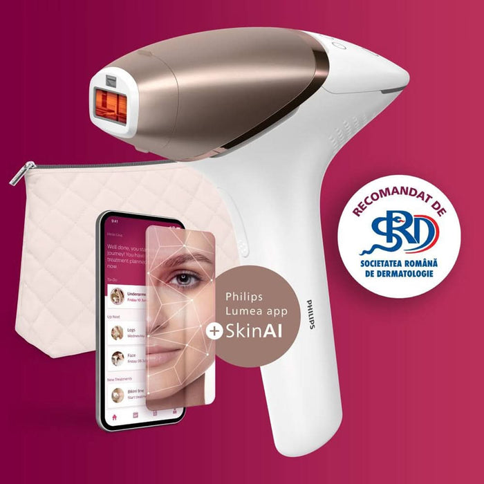 Epilator IPL PHILIPS Lumea Series 9900 BRI973/00, 450.000 de impulsuri, 3 accesorii, senzor SmartSkin, acumulator, roz WALTI