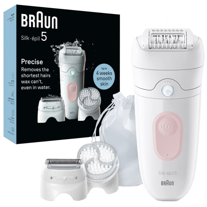 Epilator BRAUN Silk-epil 5 SE5-060, 28 pensete, 2 viteze, 4 accesorii, SmartLight, MicroGrip, Wet&Dry, acumulator, alb-roz flamingo WALTI