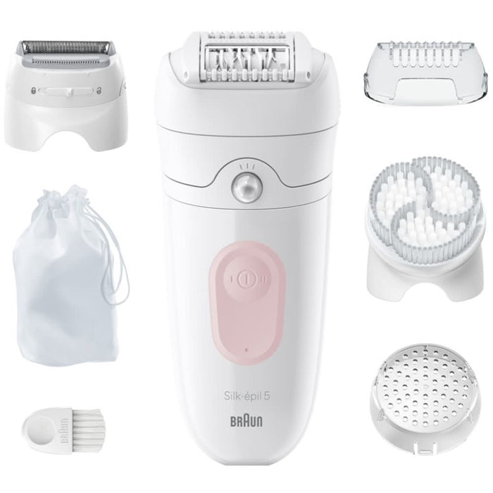 Epilator BRAUN Silk-epil 5 SE5-060, 28 pensete, 2 viteze, 4 accesorii, SmartLight, MicroGrip, Wet&Dry, acumulator, alb-roz flamingo WALTI