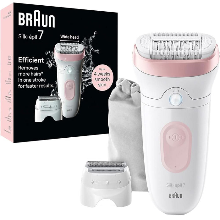 Epilator BRAUN Silk-epil 7 SE7-030, 40 pensete, 2 viteze, 3 accesorii, SmartLight, MicroGrip, Wet&Dry, acumulator, alb-roz flamingo WALTI
