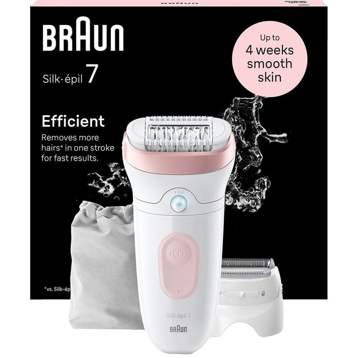Epilator BRAUN Silk-epil 7 SE7-030, 40 pensete, 2 viteze, 3 accesorii, SmartLight, MicroGrip, Wet&Dry, acumulator, alb-roz flamingo WALTI