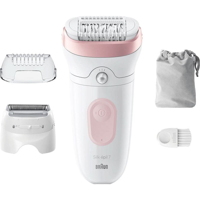 Epilator BRAUN Silk-epil 7 SE7-030, 40 pensete, 2 viteze, 3 accesorii, SmartLight, MicroGrip, Wet&Dry, acumulator, alb-roz flamingo WALTI