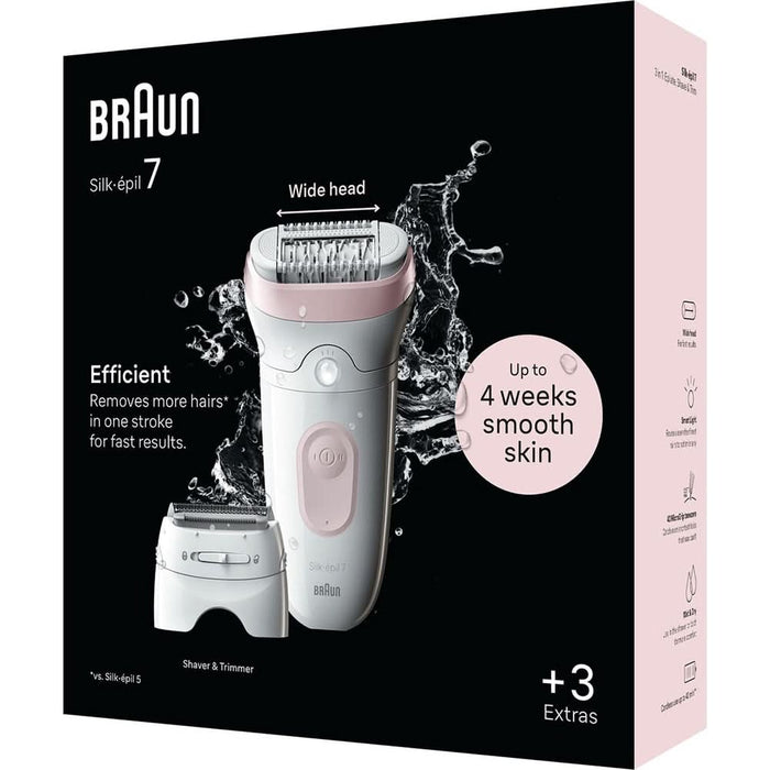 Epilator BRAUN Silk-epil 7 SE7-030, 40 pensete, 2 viteze, 3 accesorii, SmartLight, MicroGrip, Wet&Dry, acumulator, alb-roz flamingo WALTI