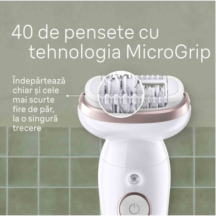 Epilator BRAUN Silk-epil 9 SES9-030, 40 pensete, 2 viteze, 3 accesorii, SmartLight, Smart Touch, MicroGrip, Wet&Dry, acumulator, alb-rose gold WALTI