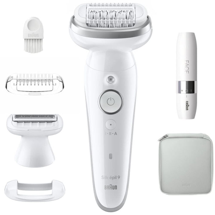 Epilator BRAUN Silk-epil 9 SES9-341, 40 pensete, 2 viteze, 5 accesorii, SmartLight, MicroGrip, Wet&Dry, acumulator, alb-argintiu WALTI