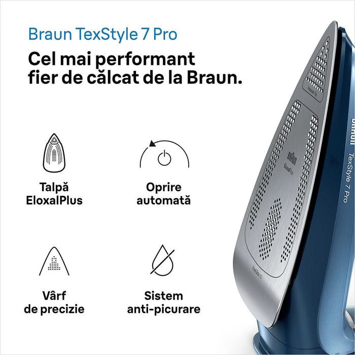 Fier de calcat BRAUN TexStyle 7 SI7160BL, 3000W, 225g/min, 300ml, talpa Eloxal Plus, albastru-negru WALTI