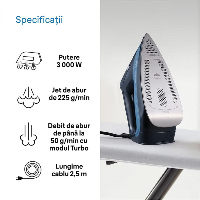 Fier de calcat BRAUN TexStyle 7 SI7160BL, 3000W, 225g/min, 300ml, talpa Eloxal Plus, albastru-negru WALTI