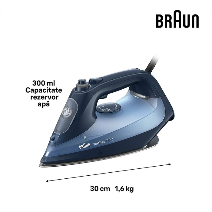 Fier de calcat BRAUN TexStyle 7 SI7160BL, 3000W, 225g/min, 300ml, talpa Eloxal Plus, albastru-negru WALTI