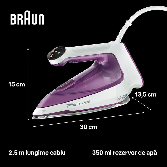 Fier de calcat BRAUN FreeStyle 7 FI7215VI, 2000W, 230g/min, 350ml, talpa EloxalPlus, alb-violet WALTI