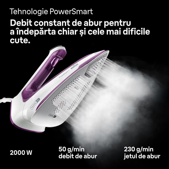 Fier de calcat BRAUN FreeStyle 7 FI7215VI, 2000W, 230g/min, 350ml, talpa EloxalPlus, alb-violet WALTI