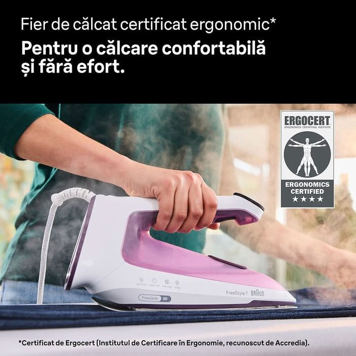 Fier de calcat BRAUN FreeStyle 7 FI7215VI, 2000W, 230g/min, 350ml, talpa EloxalPlus, alb-violet WALTI