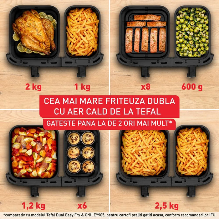 Friteuza cu aer cald dubla TEFAL XXL Dual Easy Fry EY942HE0, 3.1kg, 11l, 2700W, negru-argintiu WALTI