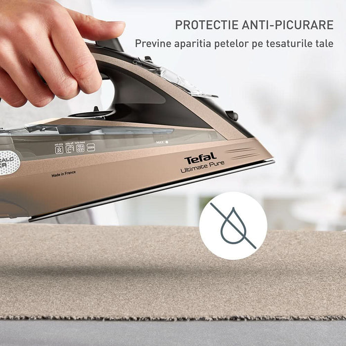 Fier de calcat TEFAL Ultimate Pure FV9852E0, 3200W, 300g/min, 350ml, talpa Durilium AirGlide AutoClean, auriu-negru WALTI