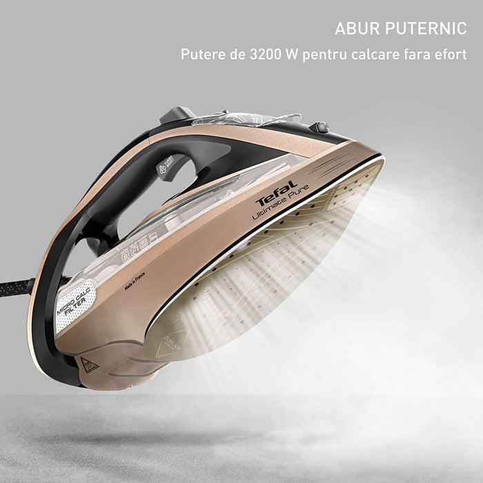 Fier de calcat TEFAL Ultimate Pure FV9852E0, 3200W, 300g/min, 350ml, talpa Durilium AirGlide AutoClean, auriu-negru WALTI