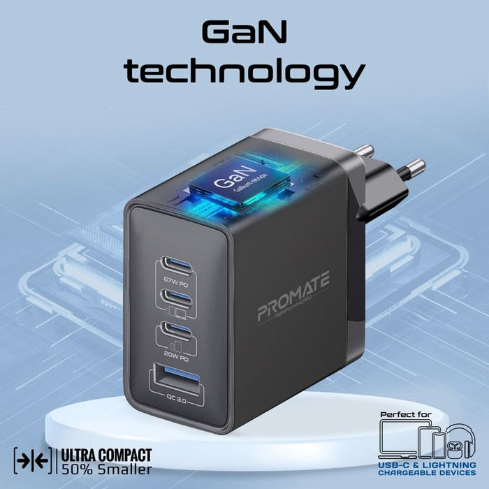 Incarcator retea PROMATE GaNPort4-67PD, 3x USB-C, 1x USB-A, 67W, negru WALTI