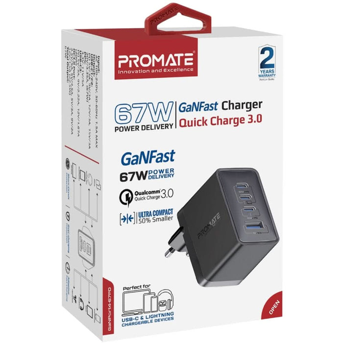 Incarcator retea PROMATE GaNPort4-67PD, 3x USB-C, 1x USB-A, 67W, negru WALTI