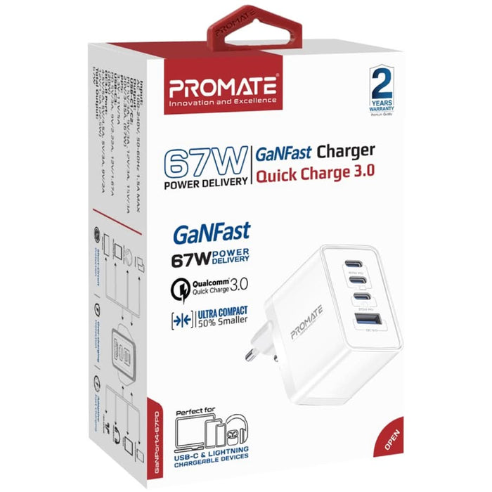 Incarcator retea PROMATE GaNPort4-67PD, 3x USB-C, 1x USB-A, 67W, alb WALTI
