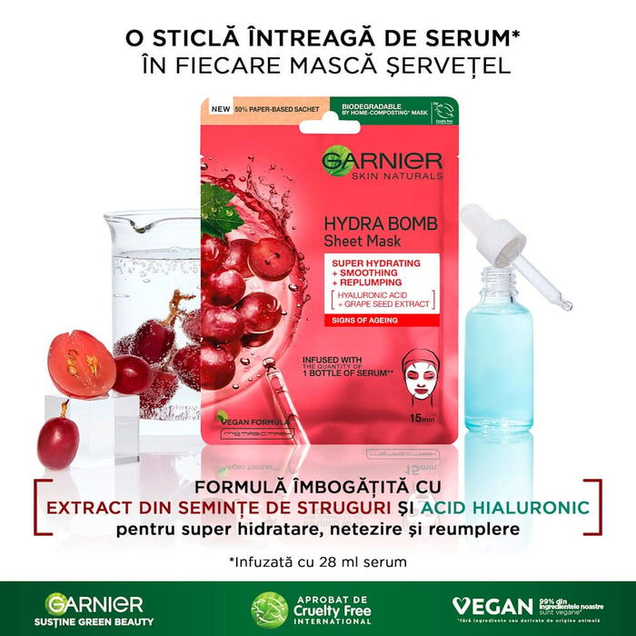 GARNIER SKIN NATURALS Mască șervețel pentru față cu semințe de struguri și acid hialuronic, 1 buc WALTI