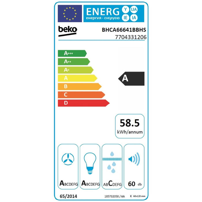 Hota decorativa BEKO BHCA66641BBHS, 1 motor, 720 m3/h, L 60 cm, negru WALTI