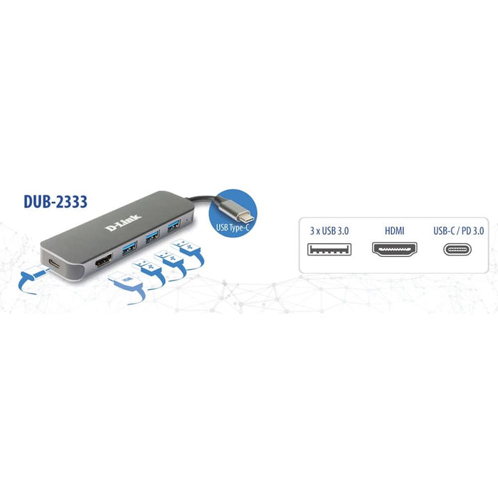 Hub USB D-LINK DUB-2333, 5 in 1, USB 3.0, HDMI, USB-C, negru WALTI