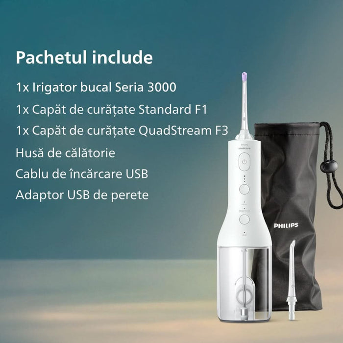 Irigator bucal PHILIPS Sonicare Cordless Power Flosser 3000 HX3826/31, 2 capete, alb WALTI