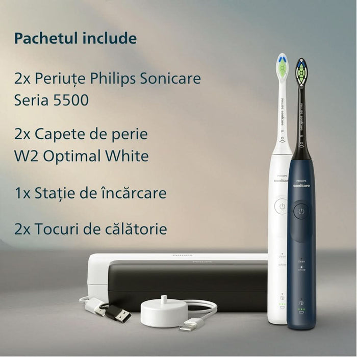 Set 2 Periute de dinti electrice PHILIPS Sonicare 5500 HX7119/01, 62000 miscari/min, 2 programe, 2 capete, alb-albastru inchis WALTI