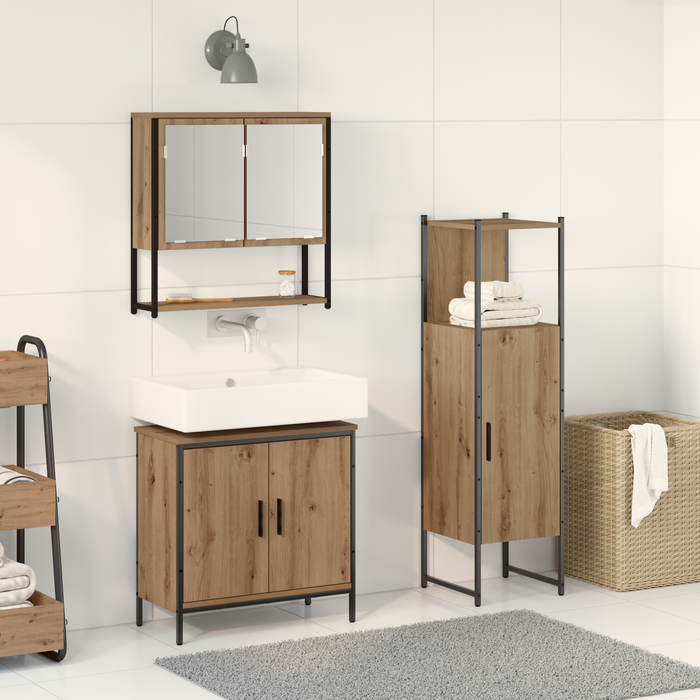 Set de Mobilier pentru Baie din 3 Piese Stejar Artizanal Lemn Prelucrat - WALTI WALTI