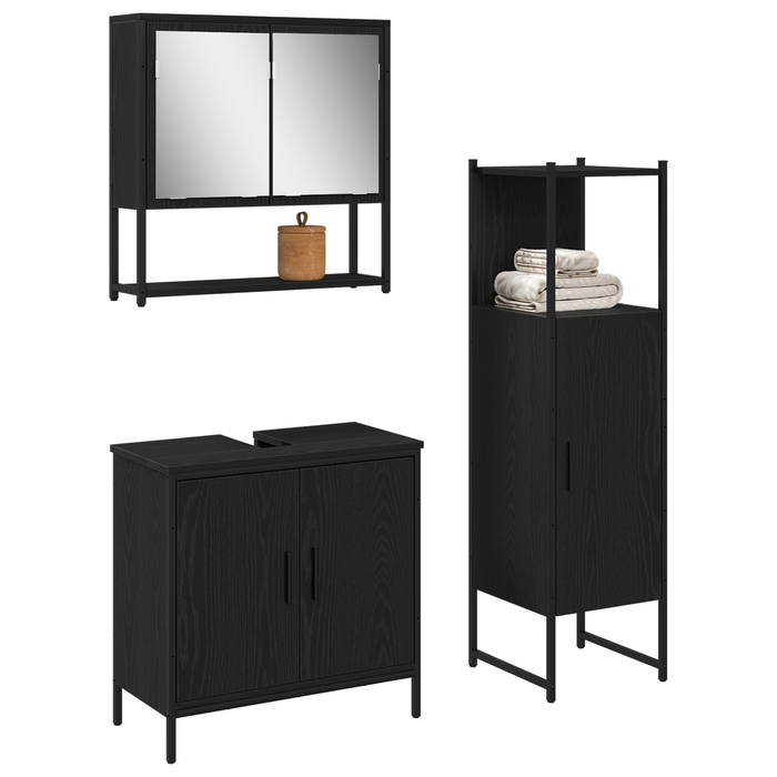 Set de Mobilier pentru Baie 3 Piese Negru Stejar Lemn Prelucrat - WALTI WALTI