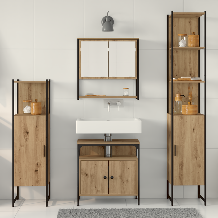 Set de mobilier pentru baie de 4 piese din stejar artisanal. - WALTI WALTI