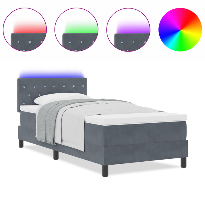 Pat box spring cu saltea & LED, gri închis, 90x190 cm, catifea - WALTI WALTI