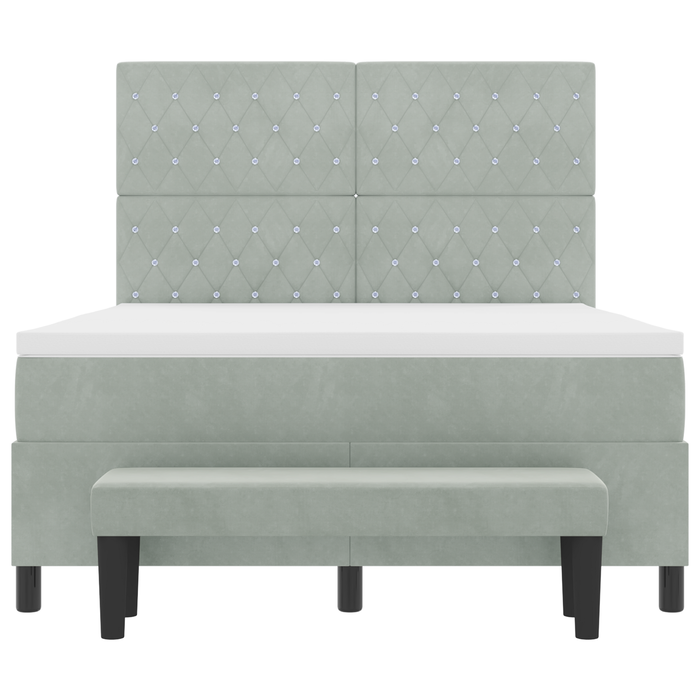 Pat Box Spring cu Saltea & Băncuță Gri Deschis 140x200 cm Catifea - WALTI WALTI