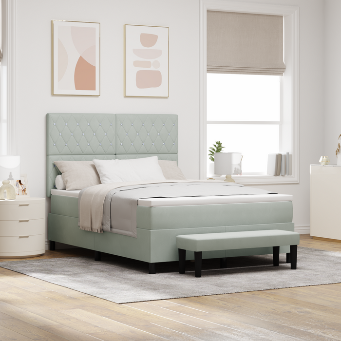 Pat Box Spring cu Saltea & Băncuță Gri Deschis 140x200 cm Catifea - WALTI WALTI