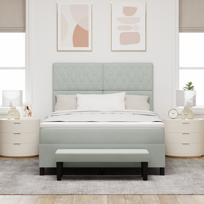 Pat Box Spring cu Saltea & Băncuță Gri Deschis 140x200 cm Catifea - WALTI WALTI