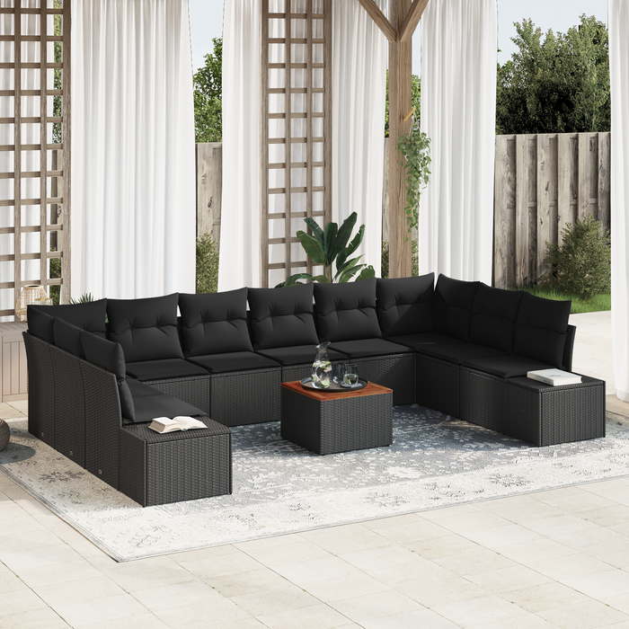 Set de Sofa de 11 Piese pentru Grădină cu Perne Negru Poli Ratan Acacia - WALTI WALTI