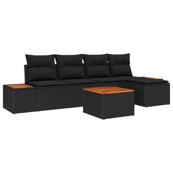 Set de canapea pentru grădină vidaXL, 6 piese, cu perne, Negru, Poliratan, Acacia - WALTI WALTI