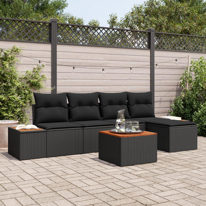 Set de canapea pentru grădină vidaXL, 6 piese, cu perne, Negru, Poliratan, Acacia - WALTI WALTI
