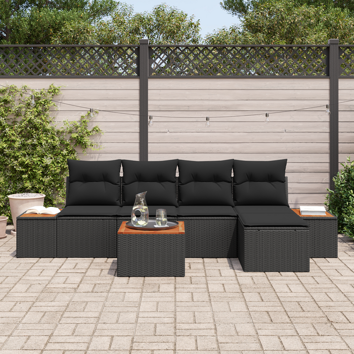 Set de canapea pentru grădină vidaXL, 6 piese, cu perne, Negru, Poliratan, Acacia - WALTI WALTI