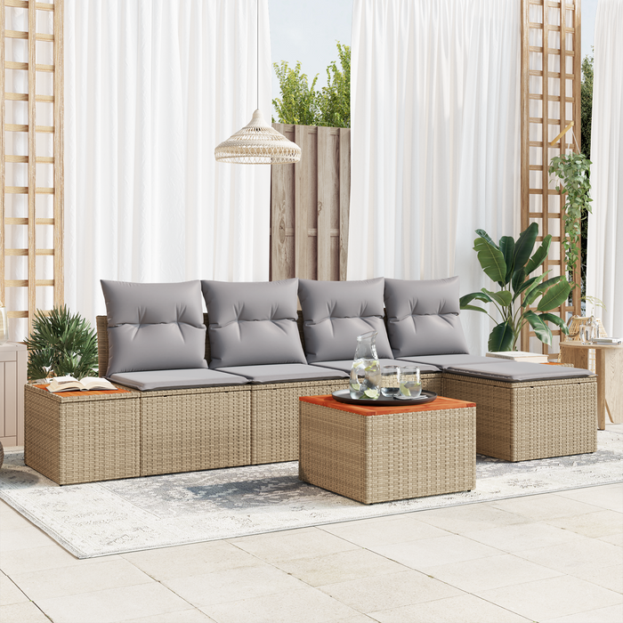 Set Canapea Grădină cu 6 Piese și Pernuțe - Polyratan Bej Acacia - WALTI WALTI