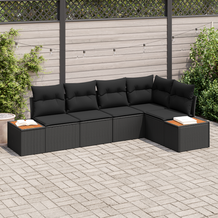 Set de canapea de grădină de 5 piese cu pernițe, negru, ratan poli, acacia - WALTI WALTI
