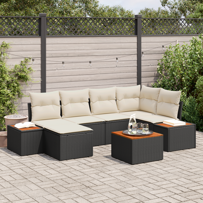 Set de Canapea pentru Grădină vidaXL cu 7 Piese cu Perne Negru Ratan Poli Acacia - WALTI WALTI