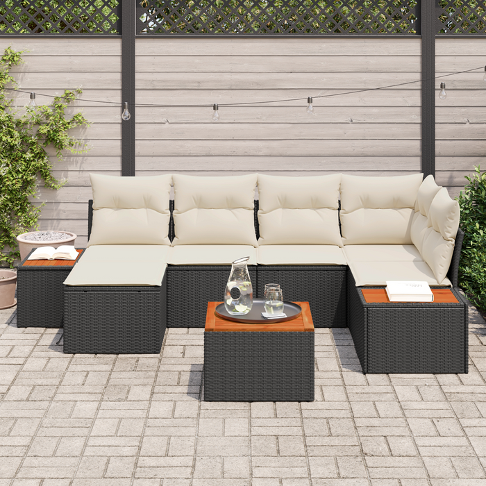 Set de Canapea pentru Grădină vidaXL cu 7 Piese cu Perne Negru Ratan Poli Acacia - WALTI WALTI