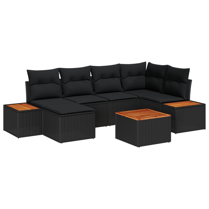 Set canapea grădină vidaXL cu 7 piese și perne, ratan poli negru, acacia - WALTI WALTI