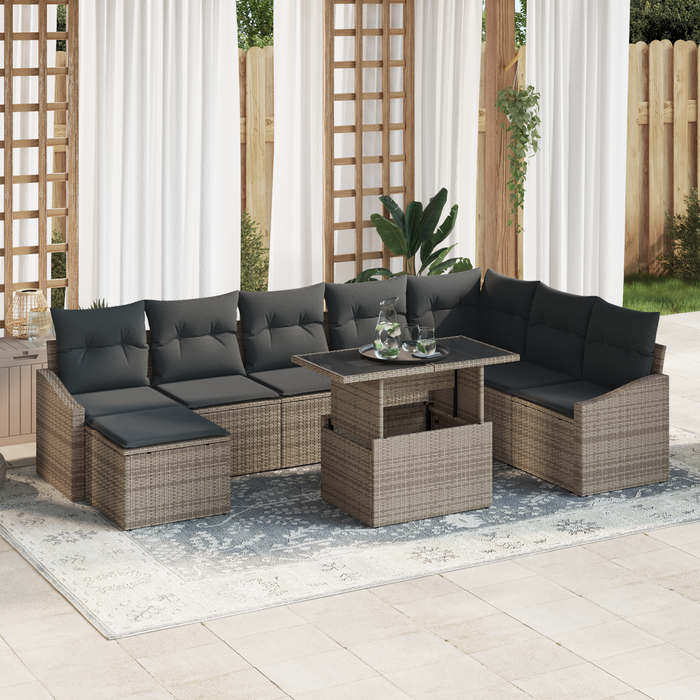 Set de Canapea de Gradina cu 9 Piese si Perne Gri din Ratan Poli - WALTI WALTI