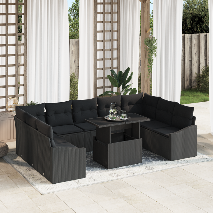 Set de canapea pentru grădină , 10 piese, cu perne, negru, poliratan - WALTI WALTI